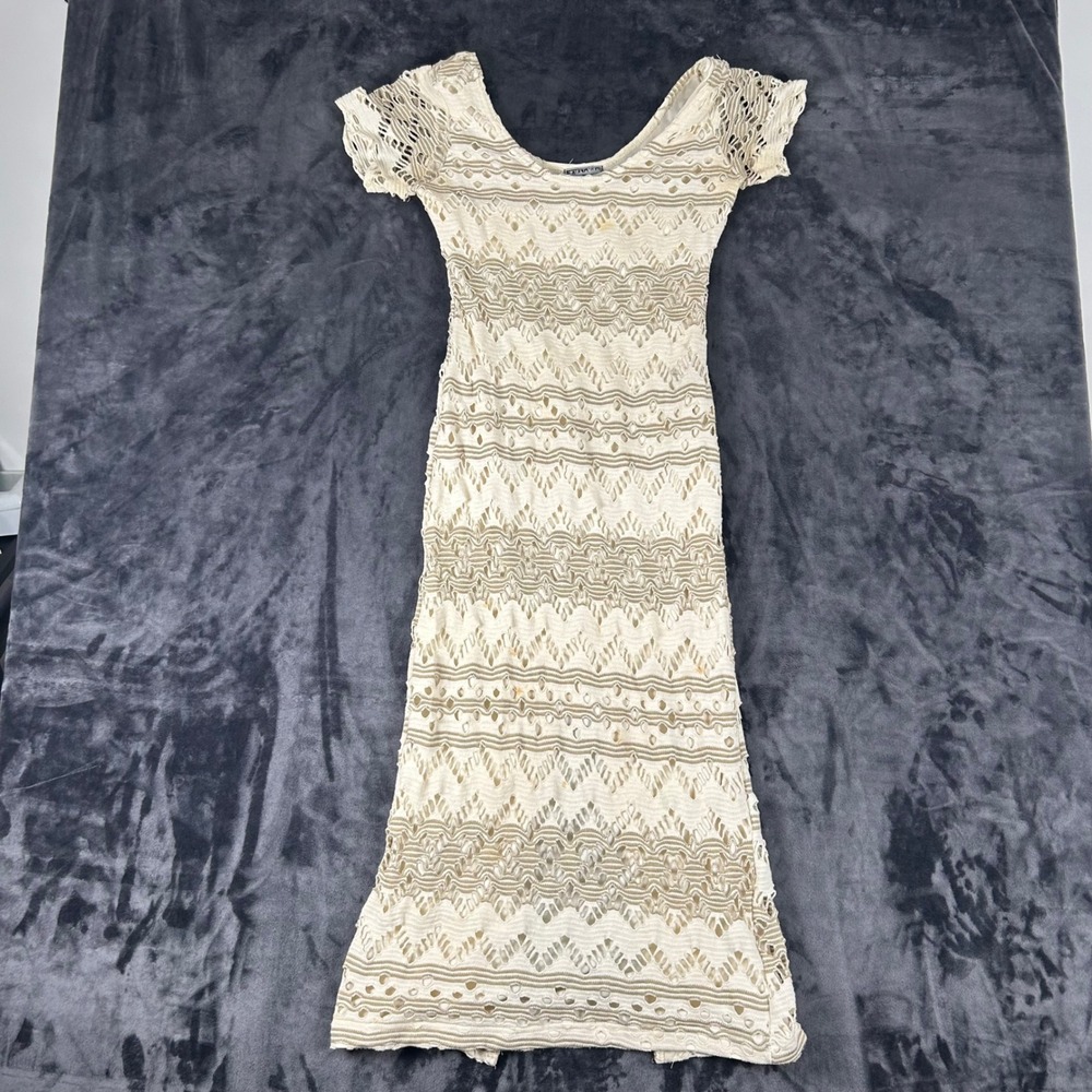 Top Style Maxi Dress Womens Small Cream Crochet Knit Boho Slit Vintage